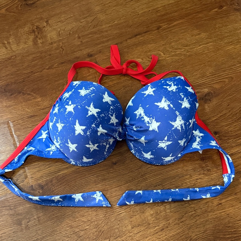 Xhilaration Blue and Red Halter Bikini Top with White Splatter Print